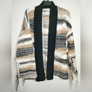 POL (Size M) Multicolored Open Front Fringe Long Sleeves Knit Cardigan Sweater